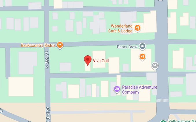 Map showing Viva Grill location on the road to Yellowstone North Entrance in Gardiner, Montana